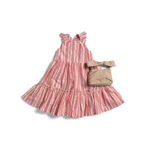 ETTAVEE Raspberry Girls Flutter Sleeve Striped Tiered Dress With Matching Purse